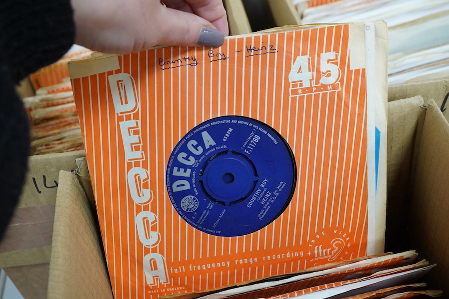 Three boxes of 7 inch singles, all on Decca record label, artists include; Dave Berry, Billy Fury, the Big Three, Chris Ravel, the Sunspots, Max Bygraves, the Tornadoes, Larry Page Orchestra, The Rolling Stones Small Fac